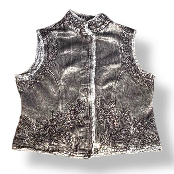 Vintage 90s Flashback Embroidered Metallic Gray Beaded Vest Floral Detail Boho - Picture 13 of 13